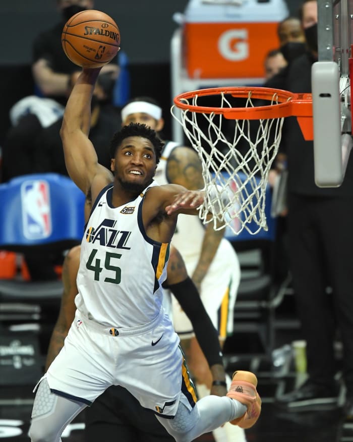 Donovan Mitchell (45) with a violent dunk against the Clippers on Friday night